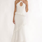 Clemence Smocked Frill Trim Maxi Dress White