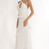 Clemence Smocked Frill Trim Maxi Dress White
