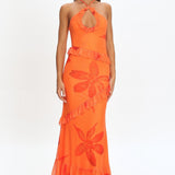 Clemence Mesh Overlay Frill Trim Maxi Dress Floral Orange