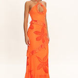 Clemence Mesh Overlay Frill Trim Maxi Dress Floral Orange