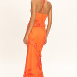 Clemence Mesh Overlay Frill Trim Maxi Dress Floral Orange