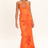 Clemence Mesh Overlay Frill Trim Maxi Dress Floral Orange