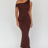 Mazon One-Shoulder Knit Maxi Dress Chocolate