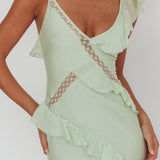 La Estrella Ruffle And Lace Trim Maxi Dress Sage