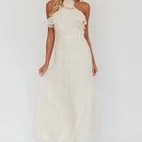 Cordially Invited Ruffle Neckline Rosette Maxi Vanilla