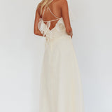 Cordially Invited Ruffle Neckline Rosette Maxi Vanilla