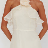 Cordially Invited Ruffle Neckline Rosette Maxi Vanilla