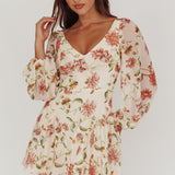 Lucky One Balloon Sleeve Mini Dress Floral Beige
