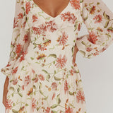Lucky One Balloon Sleeve Mini Dress Floral Beige