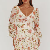 Lucky One Balloon Sleeve Mini Dress Floral Beige