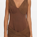 Keia Crepe Chiffon One-Shoulder Maxi Dress Chocolate