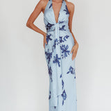 Make Believe Plunging Halterneck Maxi Dress Floral Navy