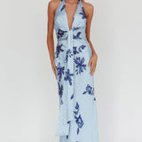 Make Believe Plunging Halterneck Maxi Dress Floral Navy