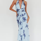 Make Believe Plunging Halterneck Maxi Dress Floral Navy