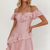 Sinclair Off-Shoulder Ruffle Trim Mini Dress Blush
