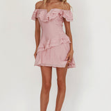 Sinclair Off-Shoulder Ruffle Trim Mini Dress Blush