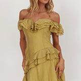 Sinclair Off-Shoulder Ruffle Trim Mini Dress Khaki