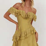 Sinclair Off-Shoulder Ruffle Trim Mini Dress Khaki