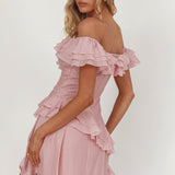 Sinclair Off-Shoulder Ruffle Trim Mini Dress Blush
