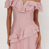 Sinclair Off-Shoulder Ruffle Trim Mini Dress Blush