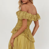Sinclair Off-Shoulder Ruffle Trim Mini Dress Khaki