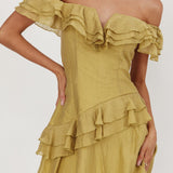 Sinclair Off-Shoulder Ruffle Trim Mini Dress Khaki