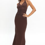 Mixed Feelings Ruched Bodice Halter Maxi Dress Chocolate