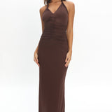 Mixed Feelings Ruched Bodice Halter Maxi Dress Chocolate
