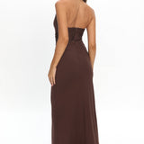 Mixed Feelings Ruched Bodice Halter Maxi Dress Chocolate