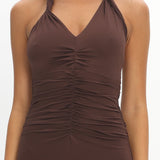Mixed Feelings Ruched Bodice Halter Maxi Dress Chocolate