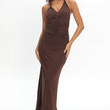 Mixed Feelings Ruched Bodice Halter Maxi Dress Chocolate