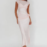 Enchanted Dusk Cap Sleeve Rosette Maxi Dress Pink