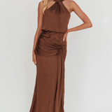 Linette Halterneck Draped Sash Maxi Dress Chocolate
