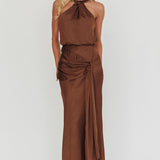 Linette Halterneck Draped Sash Maxi Dress Chocolate