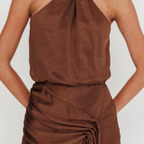 Linette Halterneck Draped Sash Maxi Dress Chocolate