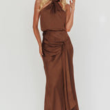 Linette Halterneck Draped Sash Maxi Dress Chocolate