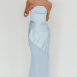 Moon Aura Pleat Detail Strapless Maxi Dress Blue
