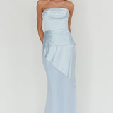 Moon Aura Pleat Detail Strapless Maxi Dress Blue