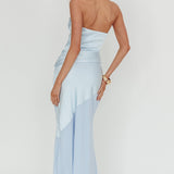 Moon Aura Pleat Detail Strapless Maxi Dress Blue