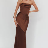 Moon Aura Pleat Detail Strapless Maxi Dress Chocolate