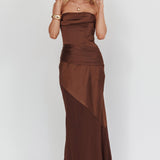 Moon Aura Pleat Detail Strapless Maxi Dress Chocolate