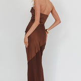 Moon Aura Pleat Detail Strapless Maxi Dress Chocolate