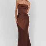 Moon Aura Pleat Detail Strapless Maxi Dress Chocolate