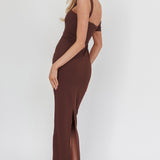 Saffra Asymmetric Shoulder Maxi Dress Chocolate