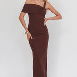 Saffra Asymmetric Shoulder Maxi Dress Chocolate