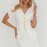 Over It Short Gold Button Mini Skirt Cream