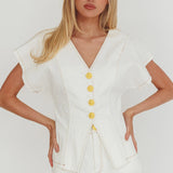 Over It Short Sleeve Button Top Cream