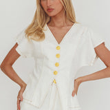 Over It Short Sleeve Button Top Cream