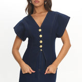 Over It Short Sleeve Button Top Denim