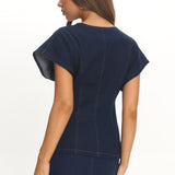 Over It Short Sleeve Button Top Denim